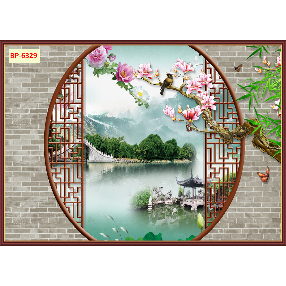 Tranh Lụa Kim Sa, Tranh 3D Dán Tường cao cấp cổng vòm cảnh đẹp thiên nhiên...