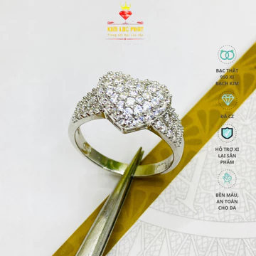 Nhẫn bạc nữ, Nhẫn nữ bạc xi bạch kim kiểu trái tim, Nhẫn tim bạc xi vàng trắng, Nhẫn đẹp trái tim- KIMLOCPHAT