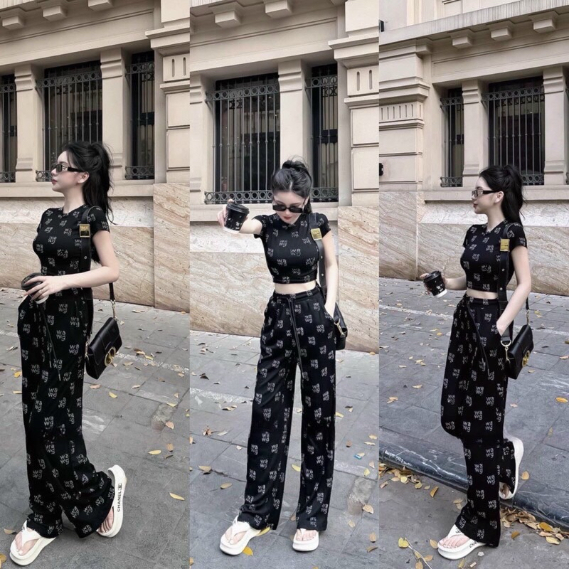 BH7- Sét bộ thun tăm lạnh cổ tròn in nhiệt 3D, áo croptop tay ngắn, quần suông dài