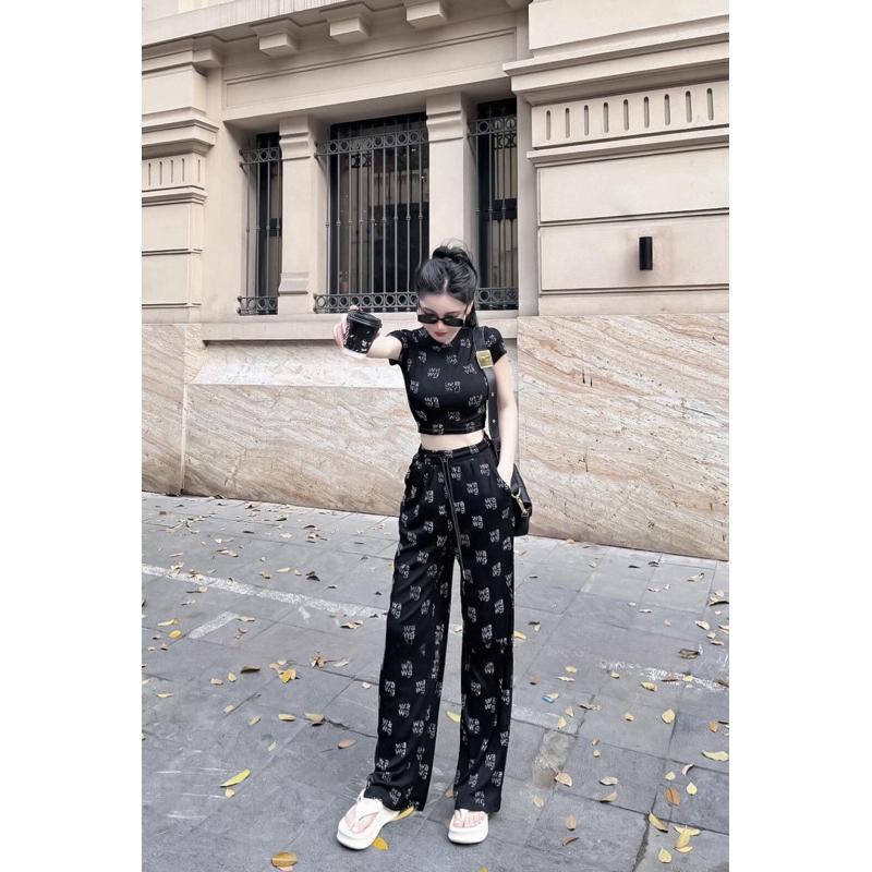 BH7- Sét bộ thun tăm lạnh cổ tròn in nhiệt 3D, áo croptop tay ngắn, quần suông dài