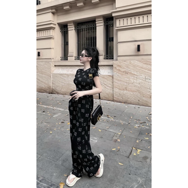 BH7- Sét bộ thun tăm lạnh cổ tròn in nhiệt 3D, áo croptop tay ngắn, quần suông dài