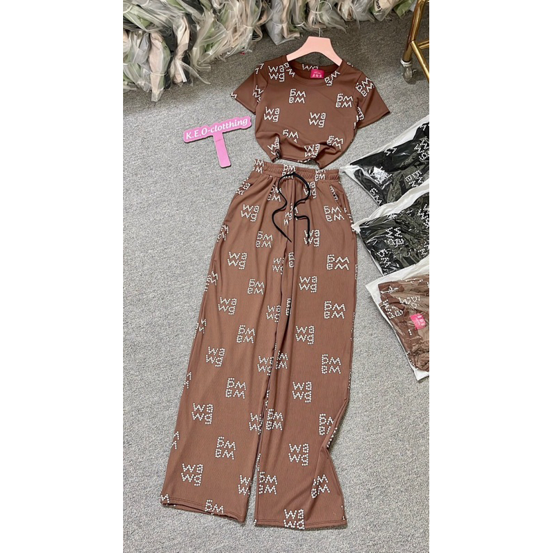 BH7- Sét bộ thun tăm lạnh cổ tròn in nhiệt 3D, áo croptop tay ngắn, quần suông dài