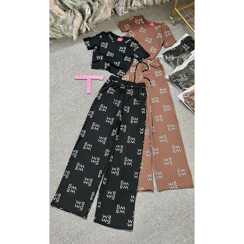 BH7- Sét bộ thun tăm lạnh cổ tròn in nhiệt 3D, áo croptop tay ngắn, quần suông dài