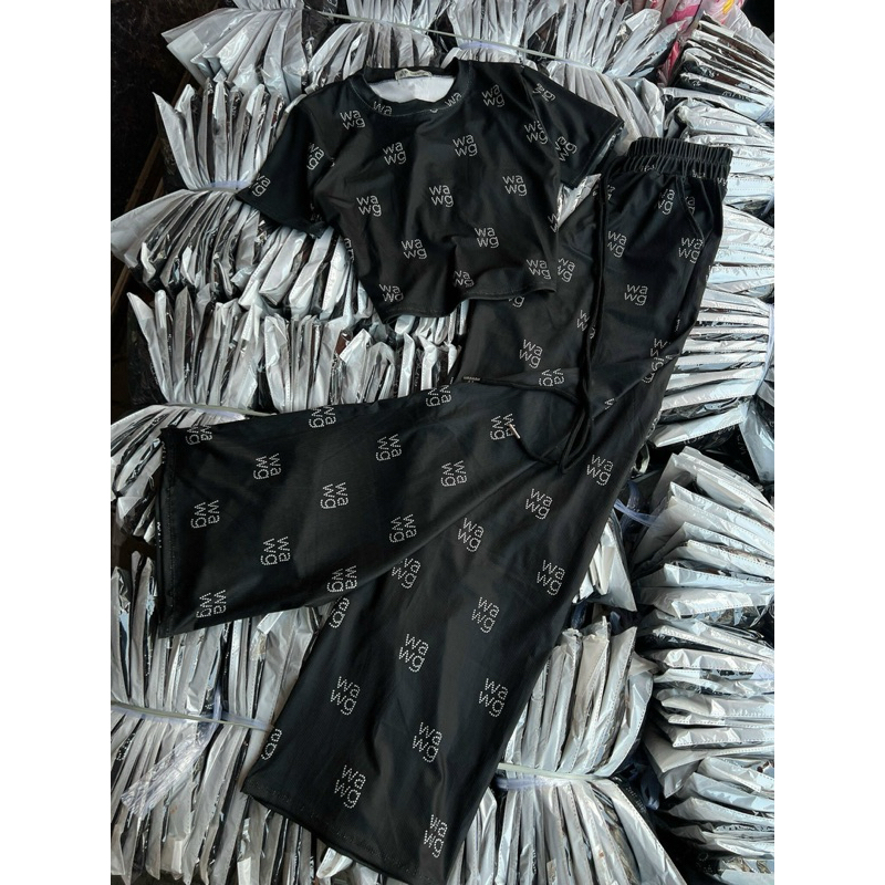 BH7- Sét bộ thun tăm lạnh cổ tròn in nhiệt 3D, áo croptop tay ngắn, quần suông dài
