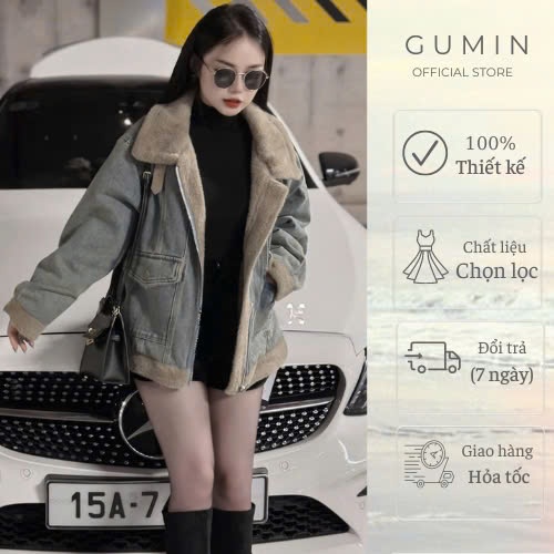 Áo jean lót lông GUMIN thiết kế dáng thụng có khóa kéo kèm túi 2 bên, lót lông dày dặn sang trọng cao cấp
