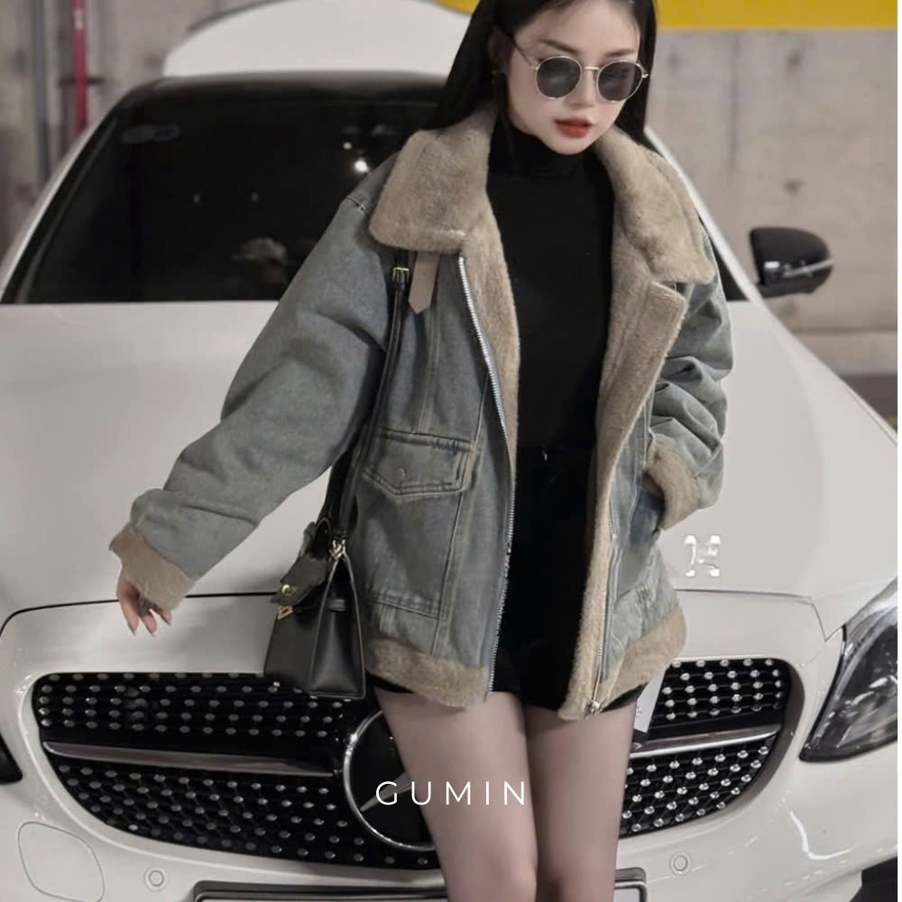 Áo jean lót lông GUMIN thiết kế dáng thụng có khóa kéo kèm túi 2 bên, lót lông dày dặn sang trọng cao cấp