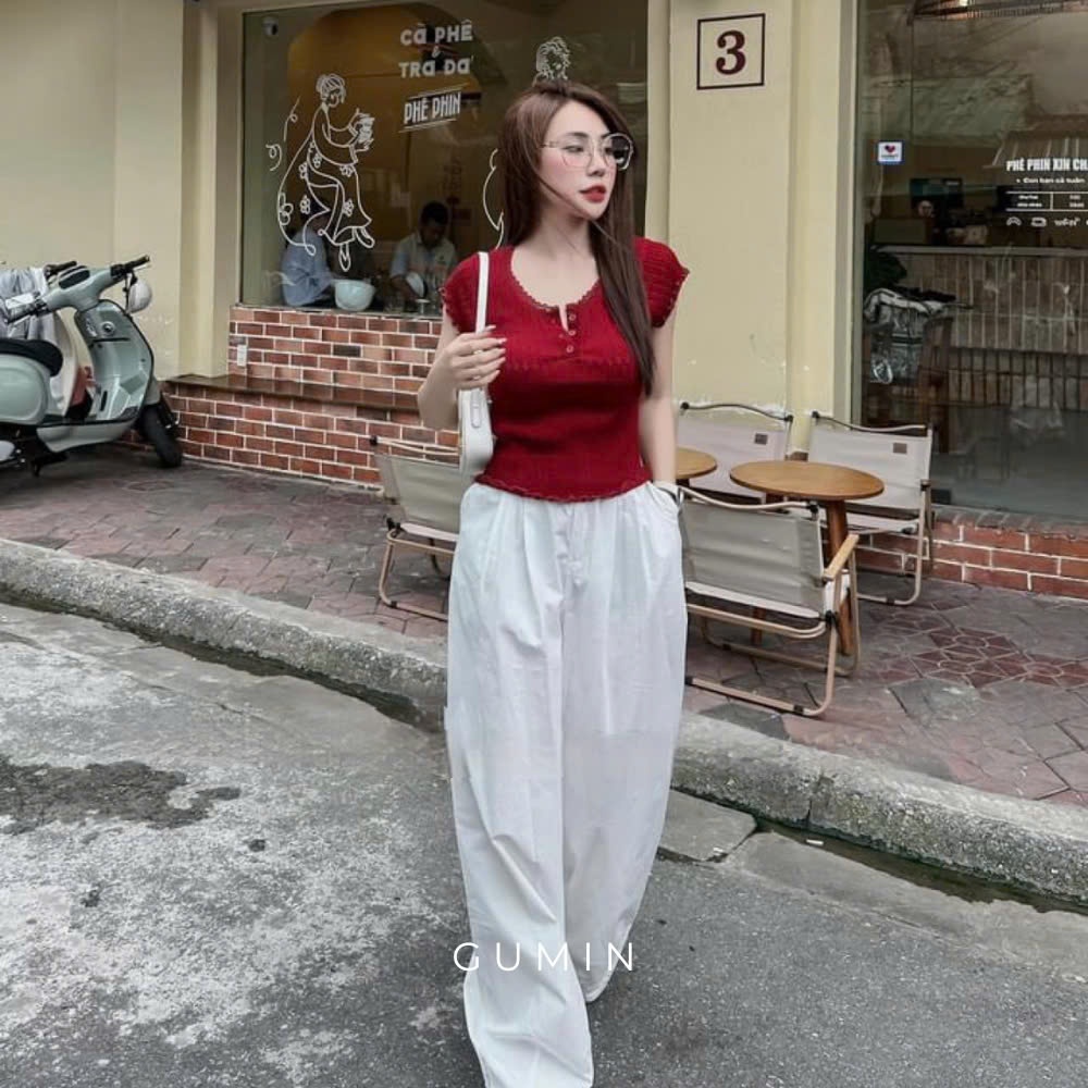Áo len cộc tay GUMIN thiết kế áo tay ngắn phối viền ren có xẻ cúc ngực cao cấp