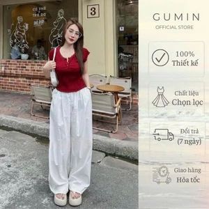 Áo len cộc tay GUMIN thiết kế áo tay ngắn phối viền ren có xẻ cúc ngực cao cấp