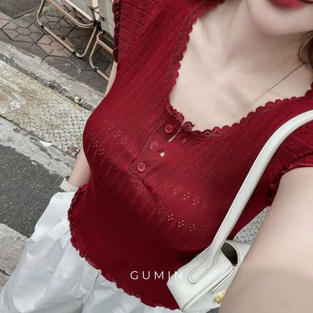 Áo len cộc tay GUMIN thiết kế áo tay ngắn phối viền ren có xẻ cúc ngực cao cấp