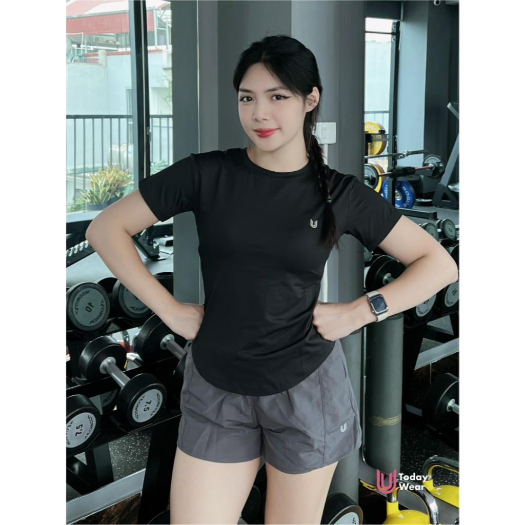 Ảnh Set đồ tập gym yoga thể thao áo Essential Dri-FIT đen mix quần Gina short xám Today U Wear cầu lông tennis pickleball 4