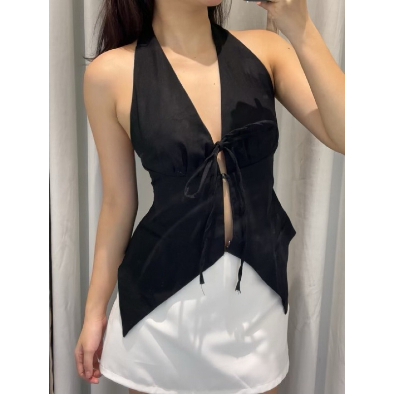 Áo Teitei Cổ Yếm Linen Cột Nơ (có sẵn mút ngực) | Shopee Việt Nam
