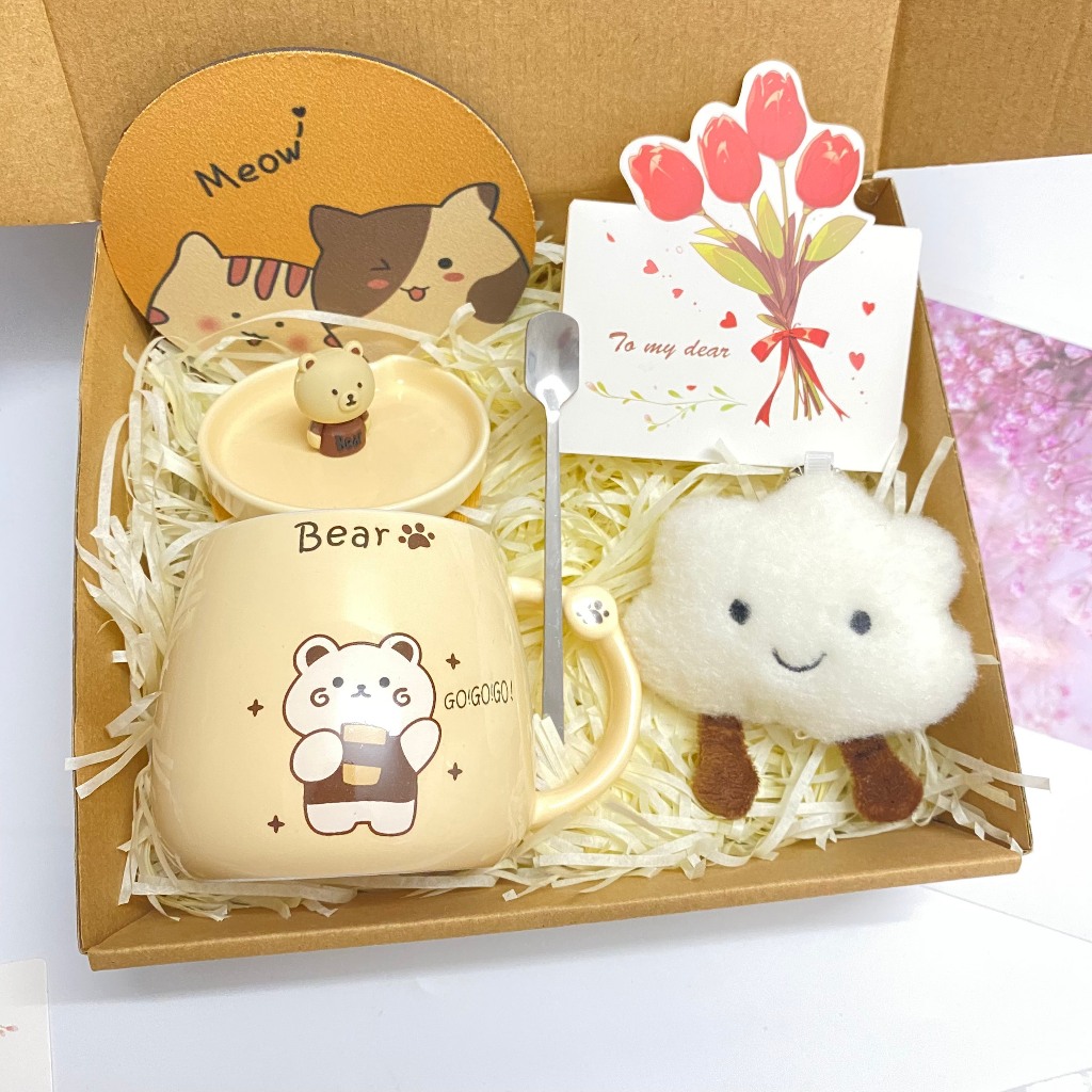 Set quà tặng Cốc Gấu Cao Cấp siêu dễ thương Kèm Gấu, Thiệp, Lót Ly, Phụ Kiện Xinh Quà Tặng Cặp Đôi, Bạn Bè Người Thân