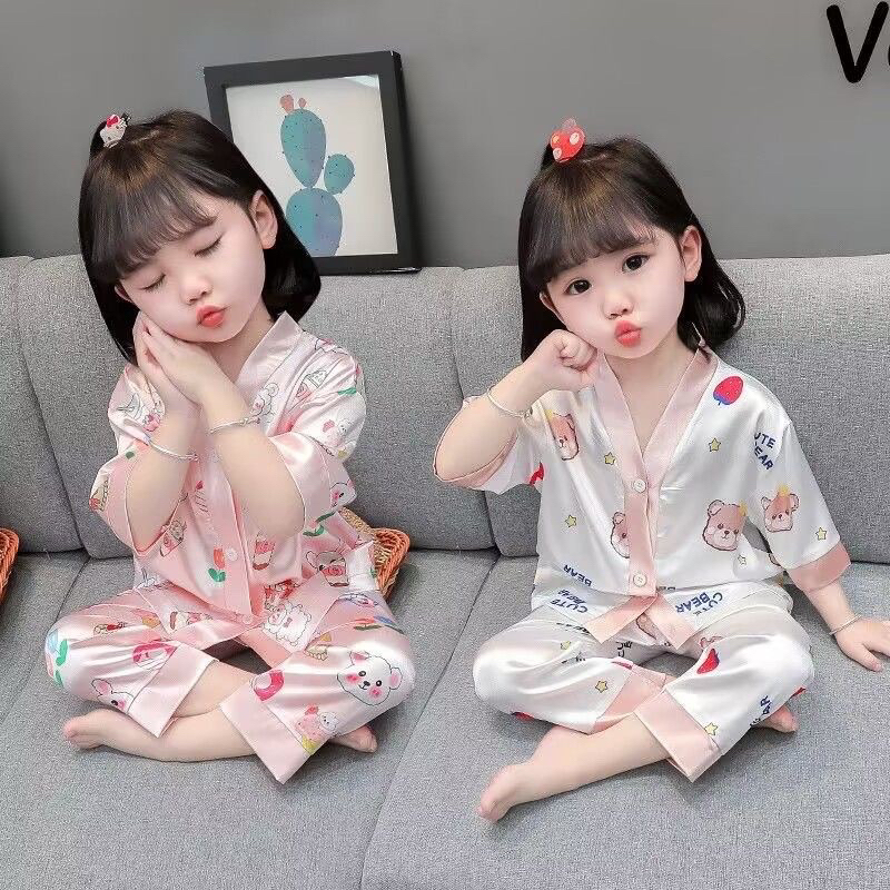 Bộ Đồ Ngủ lụa pijama mặc ở nhà cho bé gái tay lỡ với họa tiết đáng yêu ...