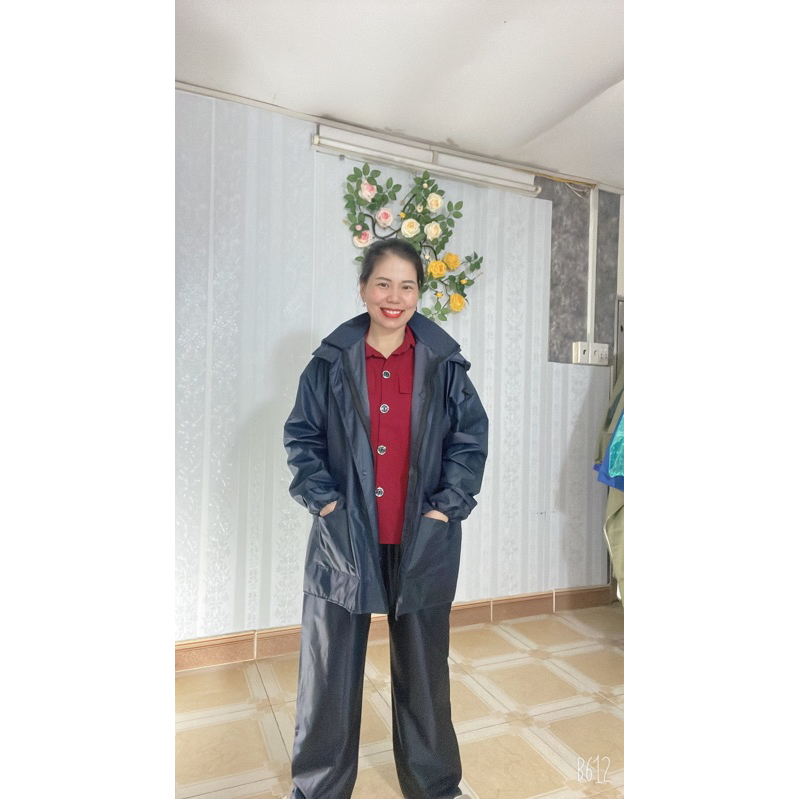 BỘ ÁO QUẦN ĐI MƯA VẢI DÙ TRƠN CAO CẤP CHỐNG NƯỚC CHỐNG GIÓ DÀNH CHO NAM VÀ NỮ MÀU XANH ĐEN CÓ DÂY PHẢN QUANG VÀ NÓN LIEN