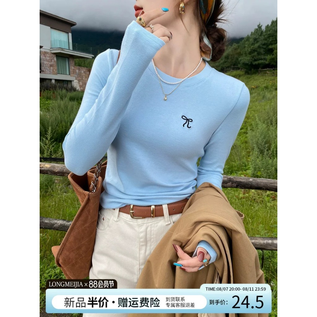 Áo Thun Tay Dài Cổ tròn dáng ôm vừa Co Giãn Tốt in hình Nơ July fashion2023, Áó dài tay thun len mùa thu gam màu pastel