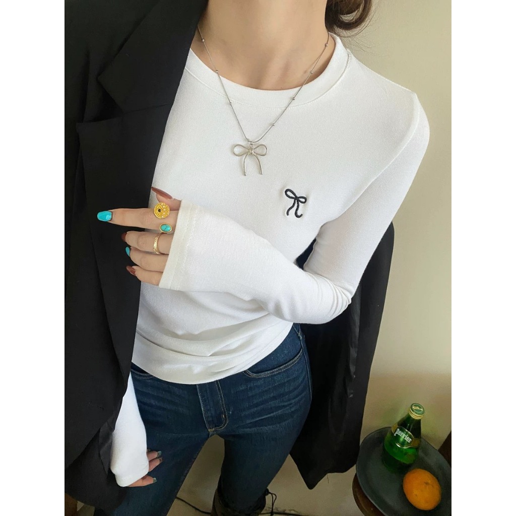 Áo Thun Tay Dài Cổ tròn dáng ôm vừa Co Giãn Tốt in hình Nơ July fashion2023, Áó dài tay thun len mùa thu gam màu pastel