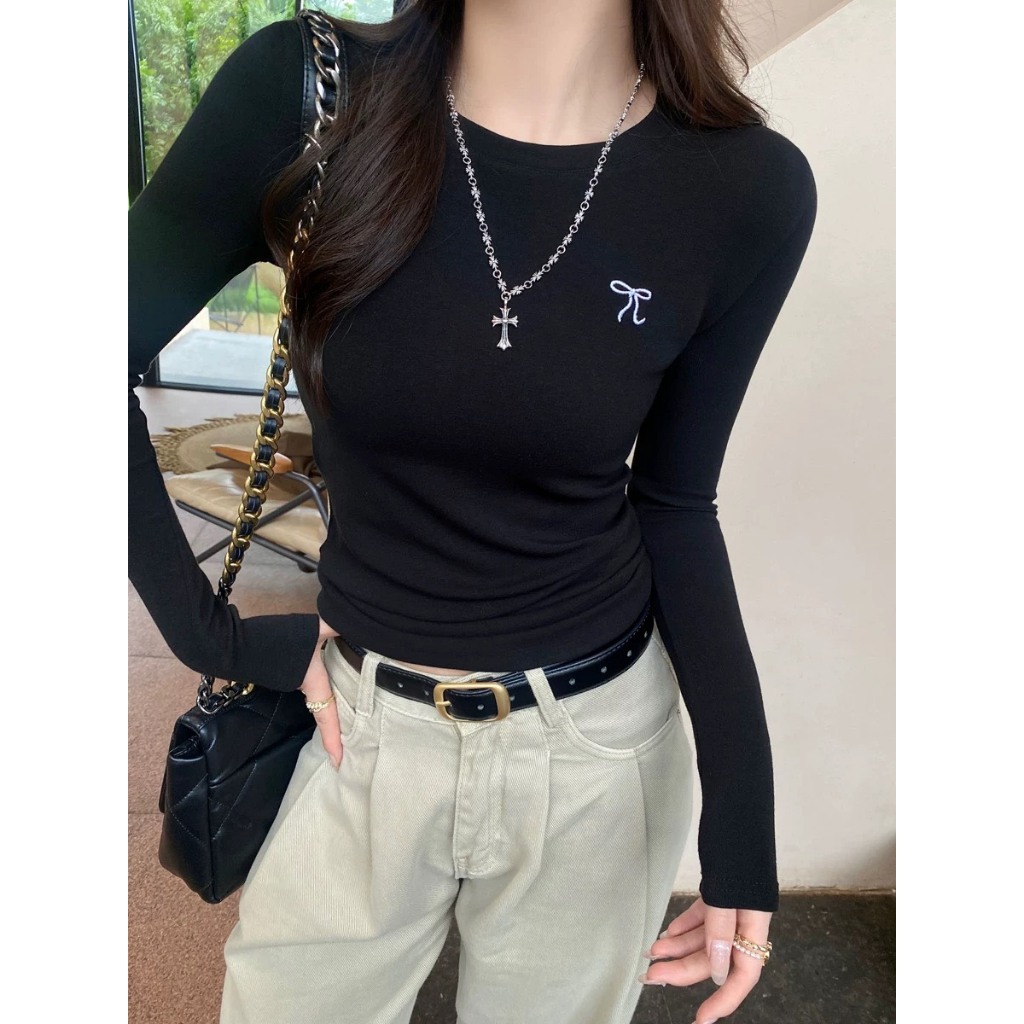 Áo Thun Tay Dài Cổ tròn dáng ôm vừa Co Giãn Tốt in hình Nơ July fashion2023, Áó dài tay thun len mùa thu gam màu pastel