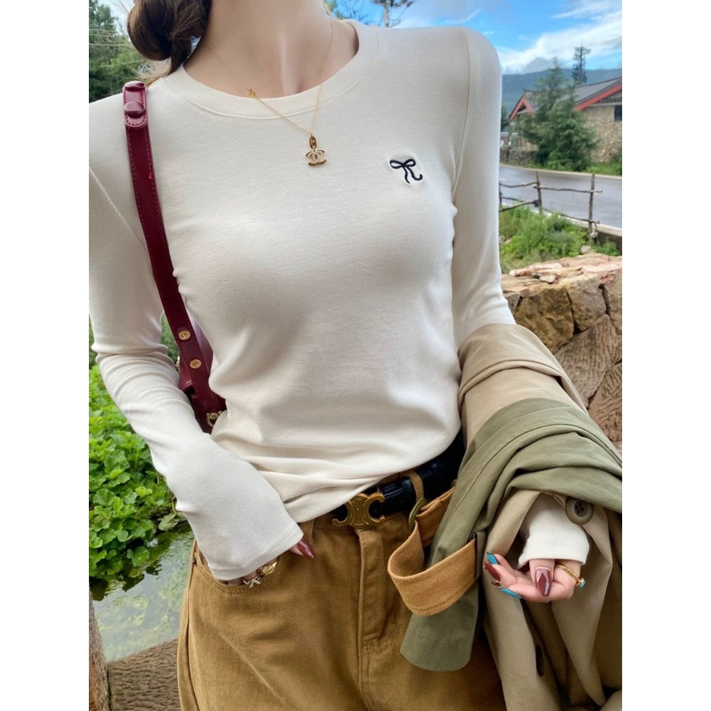 Áo Thun Tay Dài Cổ tròn dáng ôm vừa Co Giãn Tốt in hình Nơ July fashion2023, Áó dài tay thun len mùa thu gam màu pastel