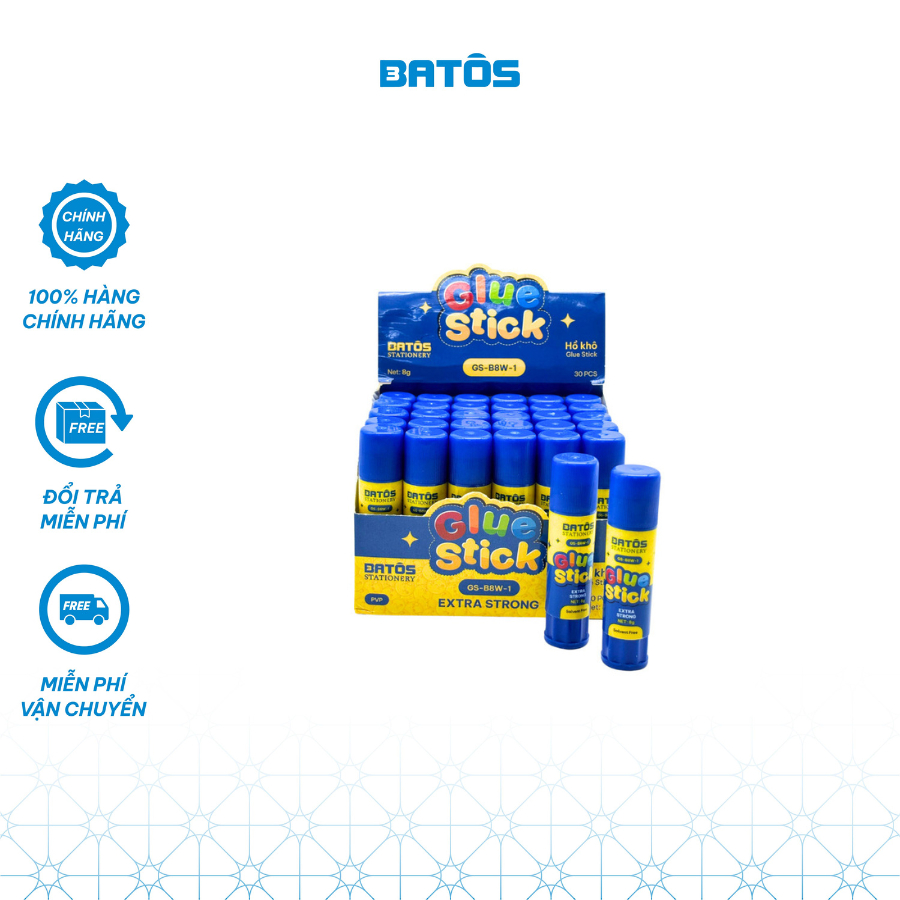 [Hộp 30] Hồ khô dán giấy 8g Batôs 3 Stationery - GS-B8W-1, keo khô.
