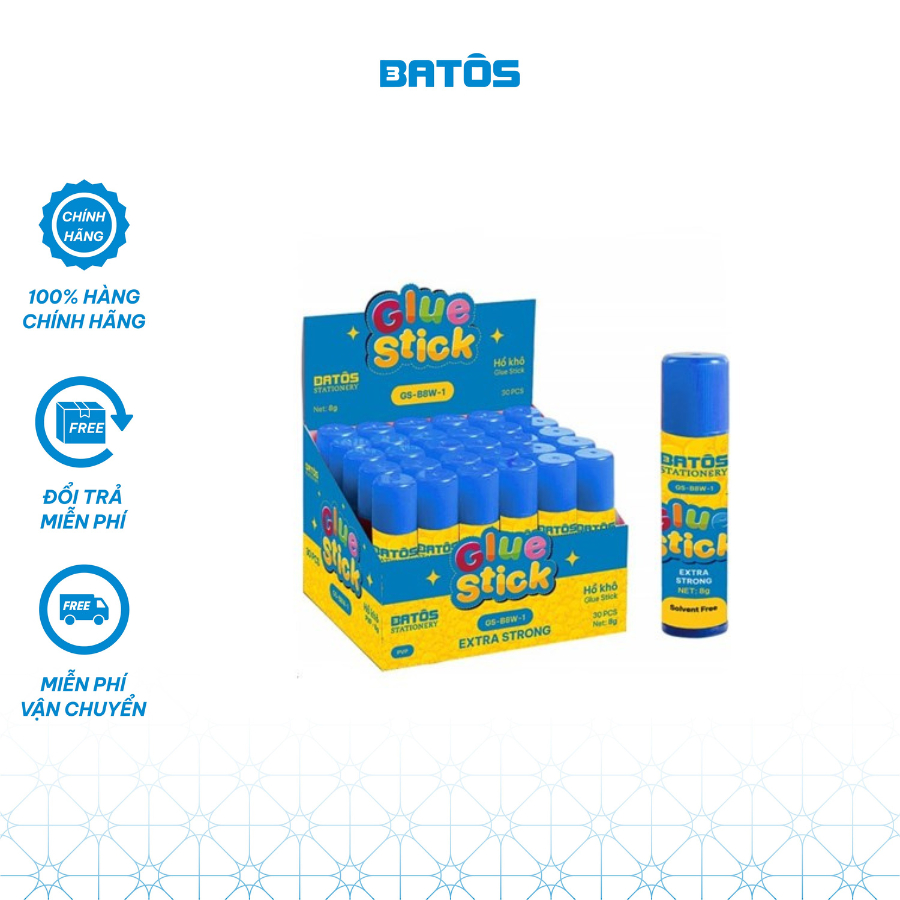 [Hộp 30] Hồ khô dán giấy 8g Batôs 3 Stationery - GS-B8W-1, keo khô.