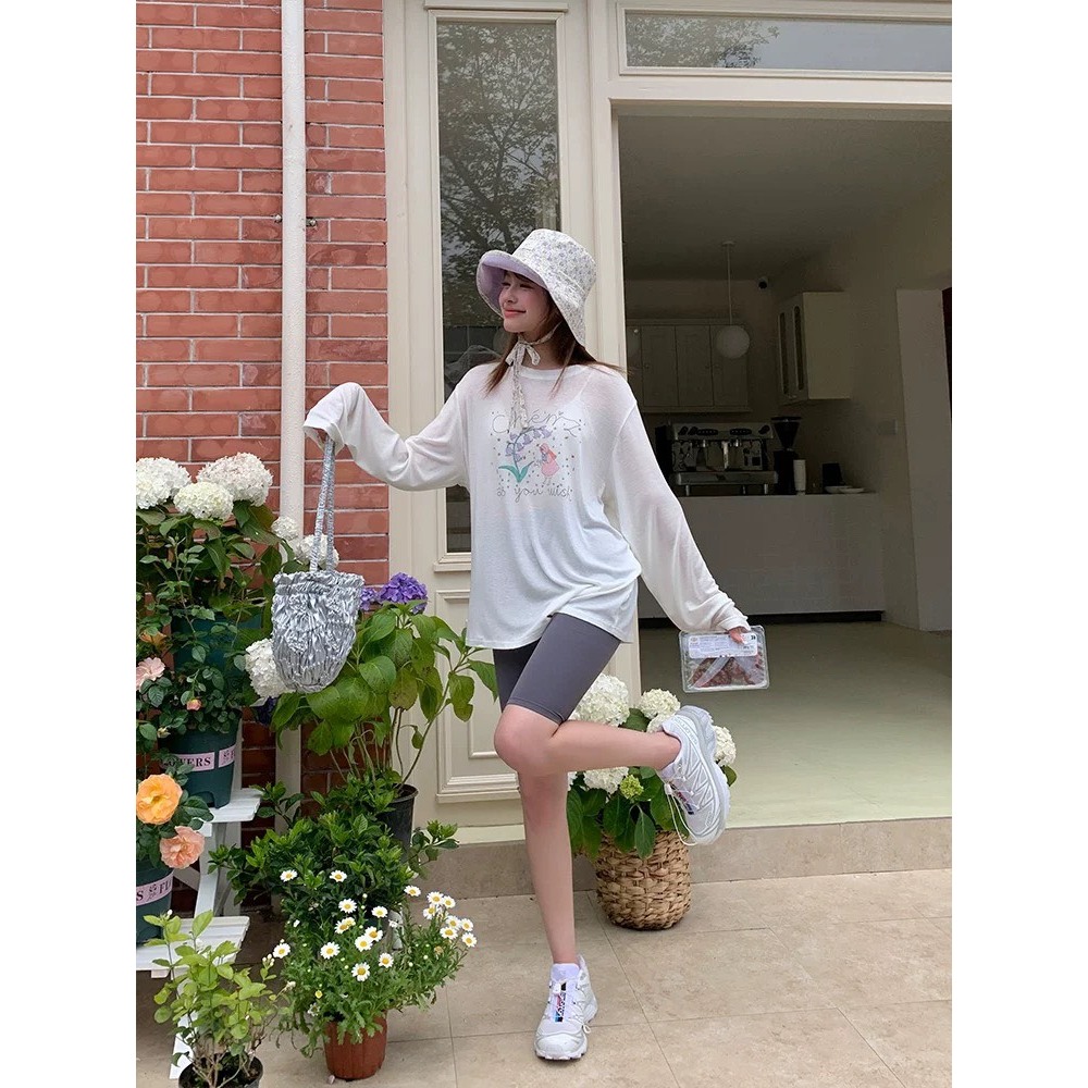 Áo thun tay dài cổ tròn nữ In hình Hoa Chem JULYfashion2023, Áo thun Nữ Dài tay Chất Cotton xượt, dáng rộng thời trang