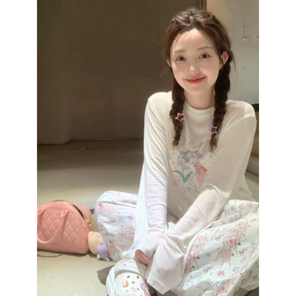 Áo thun tay dài cổ tròn nữ In hình Hoa Chem JULYfashion2023, Áo thun Nữ Dài tay Chất Cotton xượt, dáng rộng thời trang