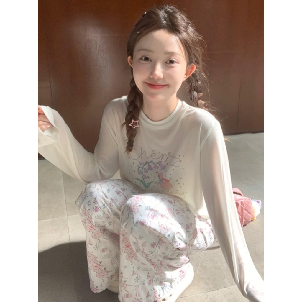Áo thun tay dài cổ tròn nữ In hình Hoa Chem JULYfashion2023, Áo thun Nữ Dài tay Chất Cotton xượt, dáng rộng thời trang