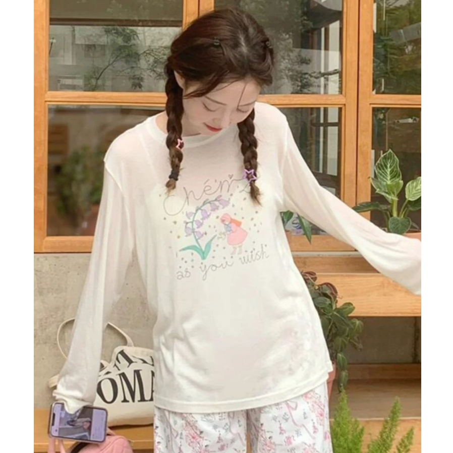 Áo thun tay dài cổ tròn nữ In hình Hoa Chem JULYfashion2023, Áo thun Nữ Dài tay Chất Cotton xượt, dáng rộng thời trang