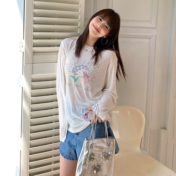 Áo thun tay dài cổ tròn nữ In hình Hoa Chem JULYfashion2023, Áo thun Nữ Dài tay Chất Cotton xượt, dáng rộng thời trang