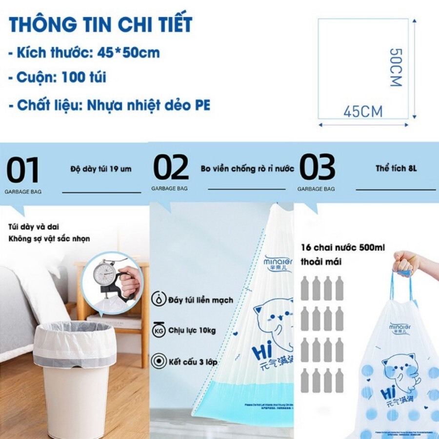 Set 100 Túi Rác Gấu Dâu, Túi Rác Minaier, Túi Rác Có Quai, Túi Rác Có Dây Rút Dai, Túi Đựng Rác Chống Rò Rì Nước