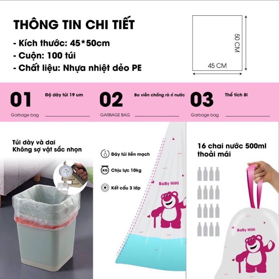 Set 100 Túi Rác Gấu Dâu, Túi Rác Minaier, Túi Rác Có Quai, Túi Rác Có Dây Rút Dai, Túi Đựng Rác Chống Rò Rì Nước