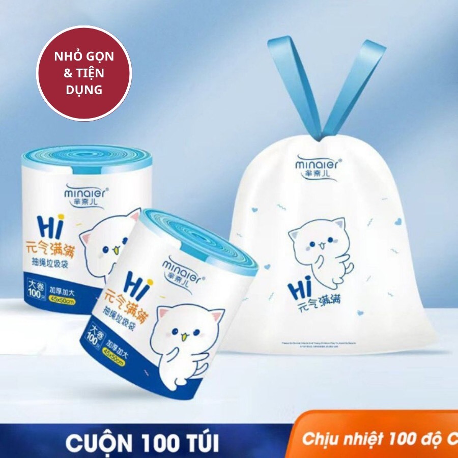 Set 100 Túi Rác Gấu Dâu, Túi Rác Minaier, Túi Rác Có Quai, Túi Rác Có Dây Rút Dai, Túi Đựng Rác Chống Rò Rì Nước