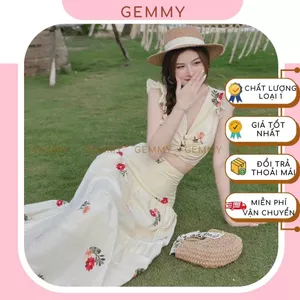 Set váy dài áo croptop, Set váy dài đi biển, maxi biển chất lụa ý mềm mát, áo kiểu chân váy xoè nhẹ nhàng - GEMMY