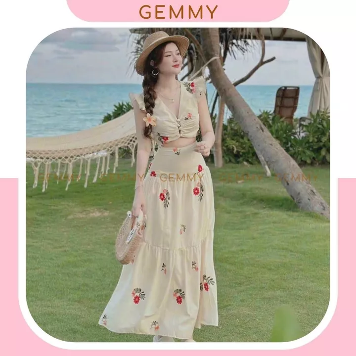 Set váy dài áo croptop, Set váy dài đi biển, maxi biển chất lụa ý mềm mát, áo kiểu chân váy xoè nhẹ nhàng - GEMMY
