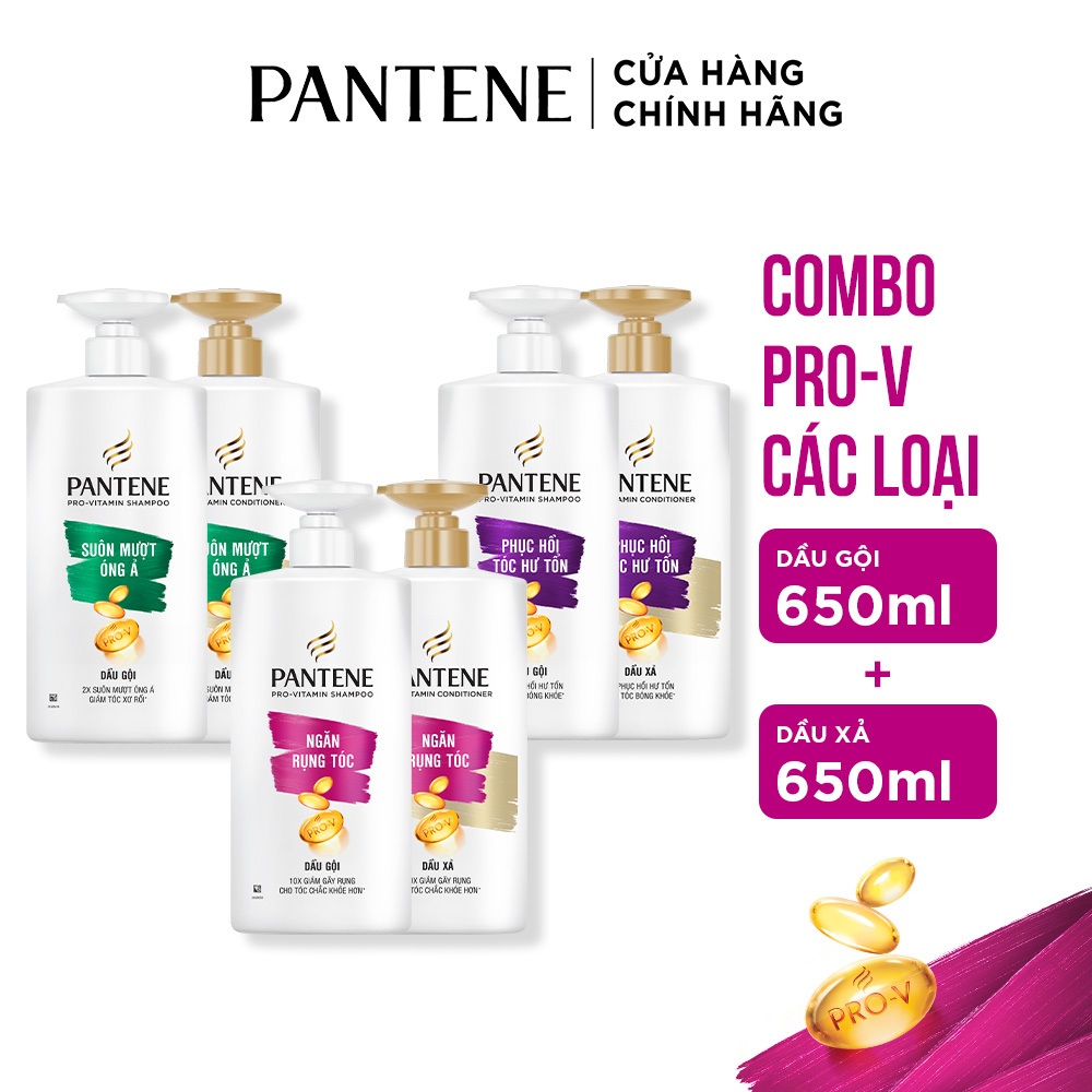 Ảnh Combo Dầu Gội Và Dầu Xả PANTENE Pro-V Ngăn Rụng Tóc/ Phục Hồi Hư Tổn/ Suôn Mượt Óng Ả - Chai 650ML x2 - [V] 2