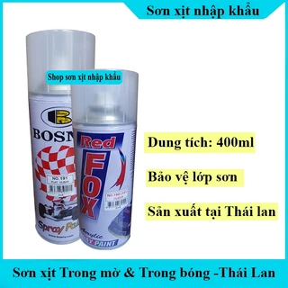Sơn xịt trong mờ - trong bóng bảo vệ lớp sơn chuyên dụng cao cấp Bosny - Redfox dung tích 400ml Thái Lan
