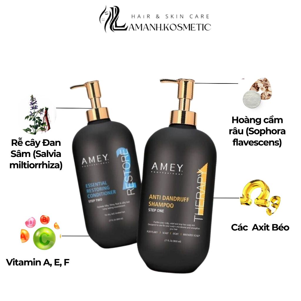 Cặp Dầu Gội Xả AMEY Therapy Restore 800ml/Chai | Hỗ Trợ Sạch Gàu, Giảm Ngứa, Tóc Mềm Mượt.