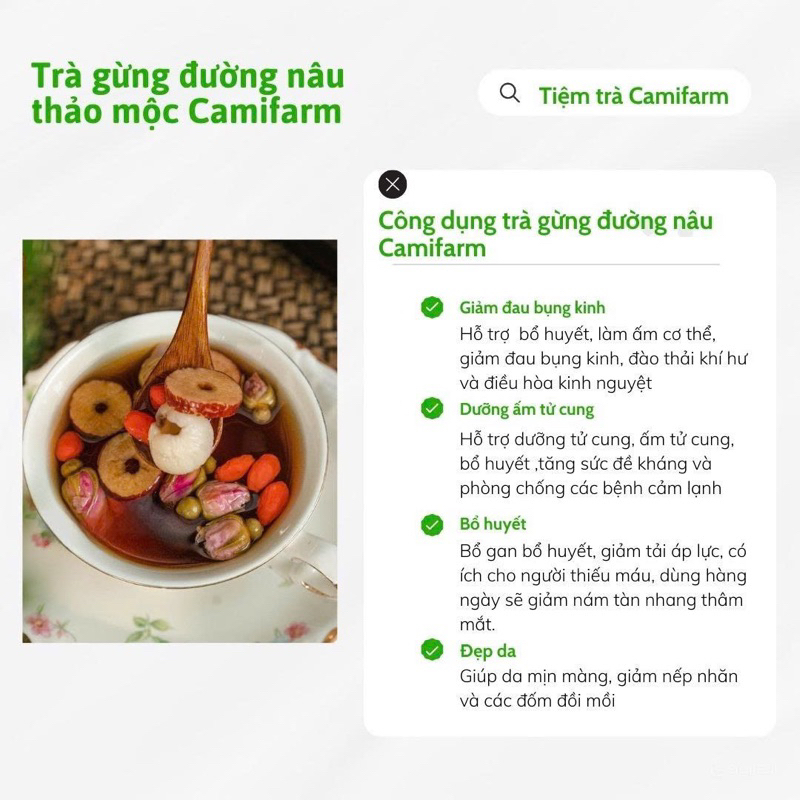 Ảnh Trà gừng đường nâu thảo mộc Camifarm, bổ máu, giữ ấm cơ thể, đẹp da, giảm đau bụng kinh, tăng huyết áp 2