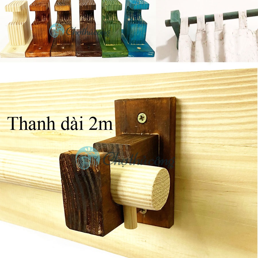 Nguyên bộ phụ kiện treo rèm gồm thanh treo rèm gỗ 2m, chốt chặn trượt ...