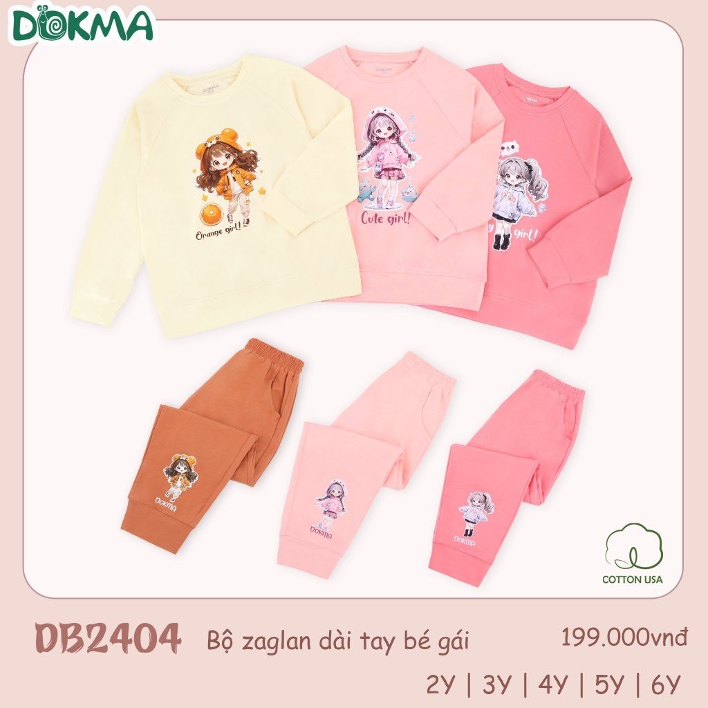 (11-25kg, 2-6Y) Bộ Dài Tay Bo Gấu Dokma Bé Gái DB2425 DB3083 DB3086 DB3082