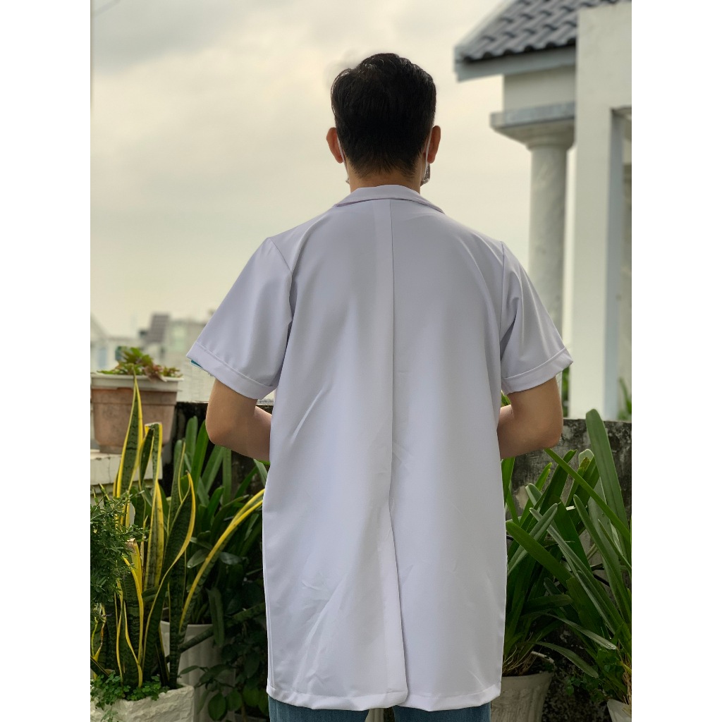 Áo Blouse NAM Trắng Tay Ngắn Thân Ngắn Vải Cotton, Nhà Thuốc, Bác Sĩ, Điều Dưỡng, Y Tá, Sinh Viên Khoa Y