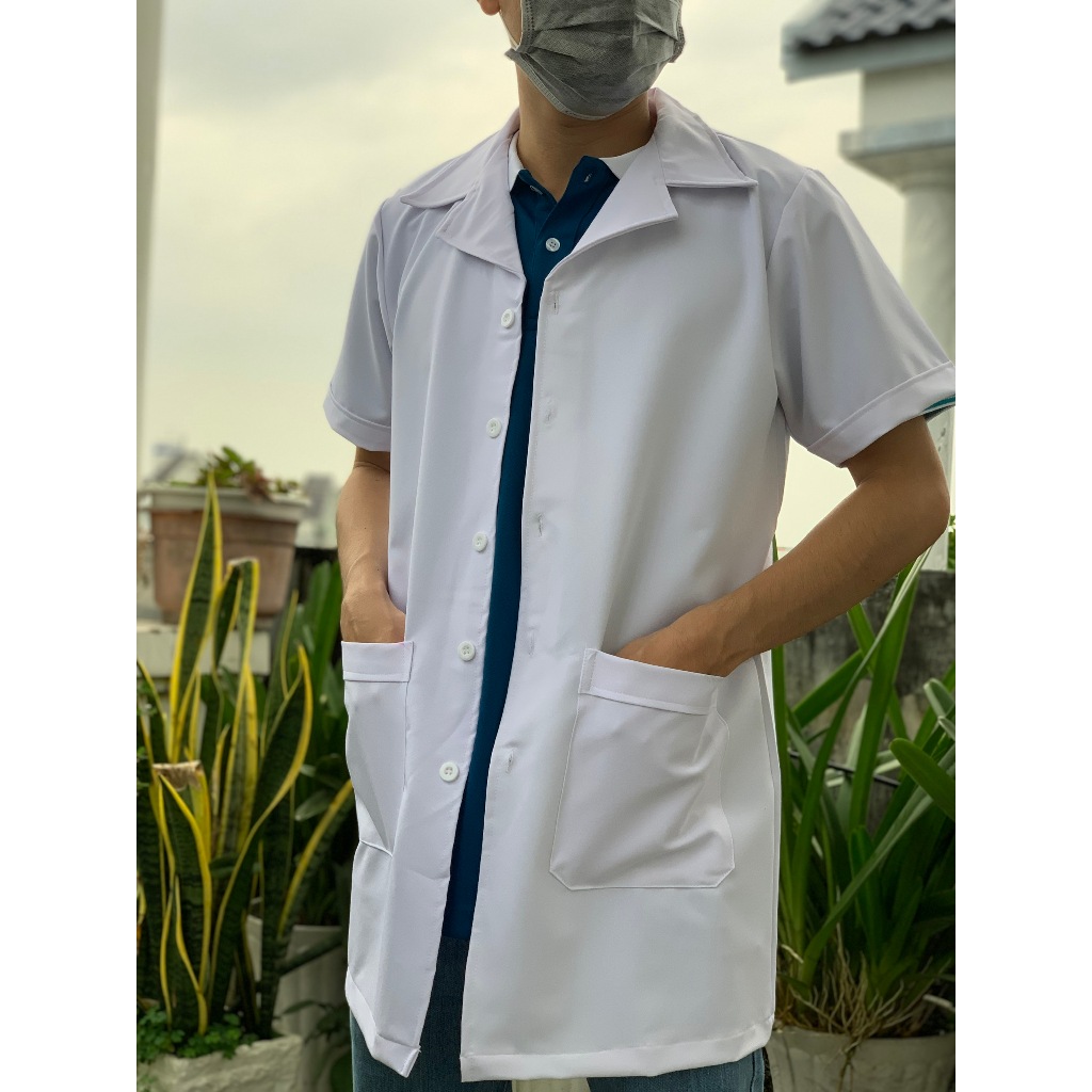 Áo Blouse NAM Trắng Tay Ngắn Thân Ngắn Vải Cotton, Nhà Thuốc, Bác Sĩ, Điều Dưỡng, Y Tá, Sinh Viên Khoa Y