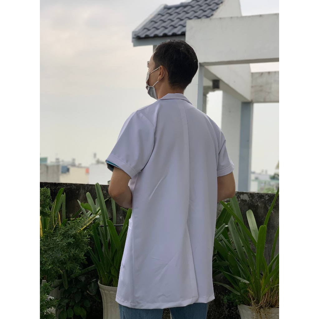 Áo Blouse NAM Trắng Tay Ngắn Thân Ngắn Vải Cotton, Nhà Thuốc, Bác Sĩ, Điều Dưỡng, Y Tá, Sinh Viên Khoa Y