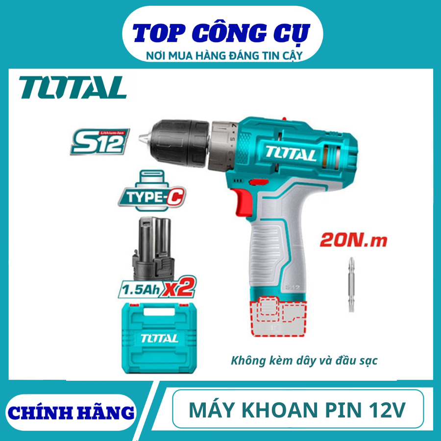 TOTAL Máy khoan pin 12V Kèm 2 pin 1.5Ah Cổng sạc pin: USB type-C ...