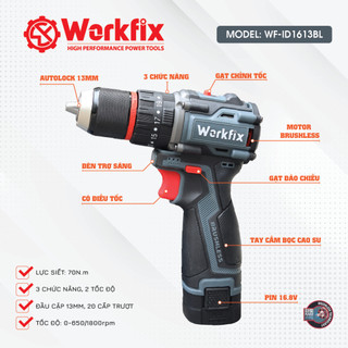 Máy Khoan Workfix WF-ID1613BL 13mm, 3 cell Auto Lock Không Chổi Than Đầu Cặp 13mm