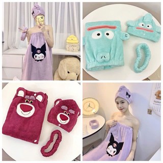 Set 3 Món Khăn Choàng Tắm Hoạt Hình Kèm Mũ Quấn Tóc Và Băng Đô, Siêu Thấm Hút Mềm Mại Cao Cấp