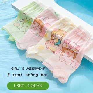 [LCC02 Lưới thông hơi loại 1] Combo 4 quần chíp bé gái, quần lót bé gái lưới mềm cao cấp họa tiết thỏ xanh cute 12-48kg