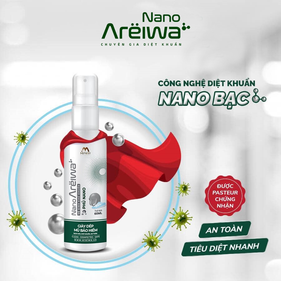 Xịt khuẩn khử mùi và vệ sinh giày dép, nón bảo hiểm, túi xách, balo Nano Areiwa x Công nghệ Nano Bạc