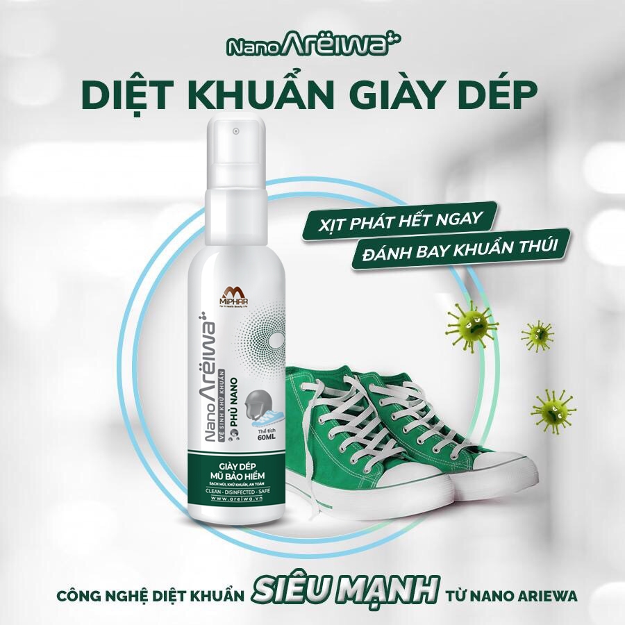 Xịt khuẩn khử mùi và vệ sinh giày dép, nón bảo hiểm, túi xách, balo Nano Areiwa x Công nghệ Nano Bạc