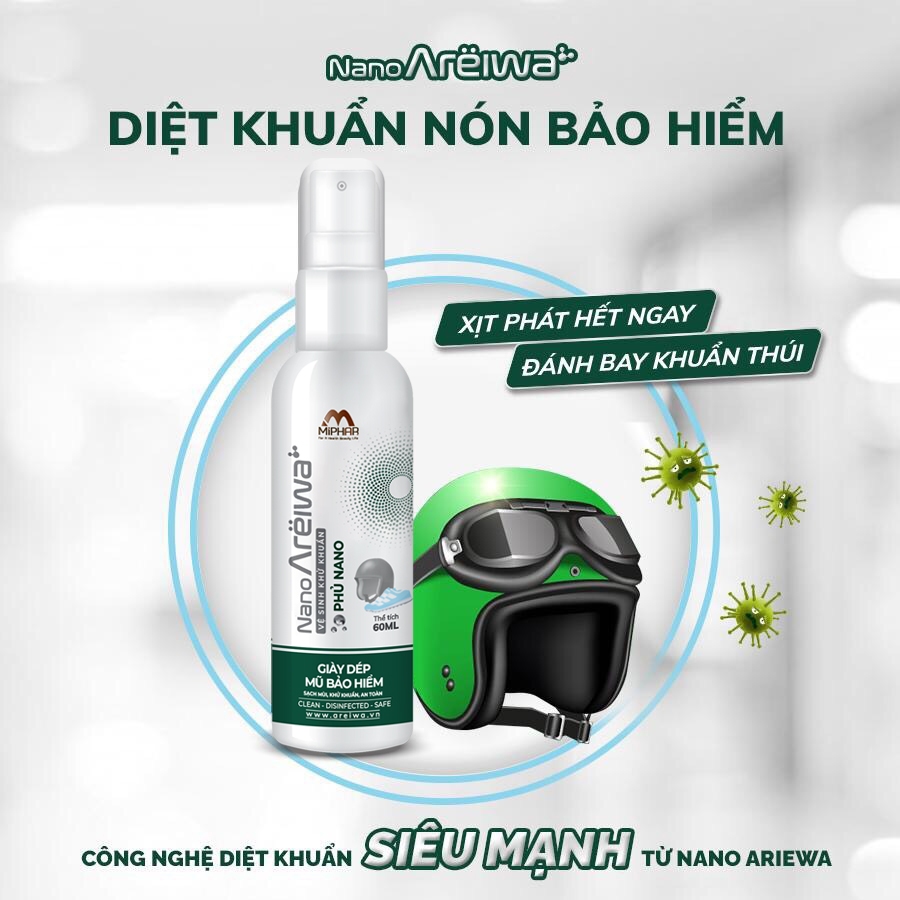Xịt khuẩn khử mùi và vệ sinh giày dép, nón bảo hiểm, túi xách, balo Nano Areiwa x Công nghệ Nano Bạc